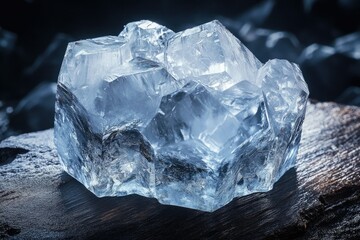 Obraz premium A mesmerizing close-up of a cluster of translucent ice crystals, showcasing sharp edges and intricate patterns, resting on a textured, dark wooden surface.