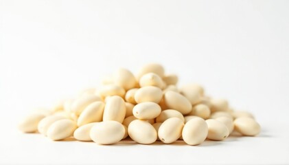 Heap of white beans against a bright white backdrop Clean, simple presentation , nutrition, culinary arts