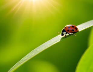 Naklejka premium A wide format background image of fresh green leaves and a ladybug lit by rays of sun in nature, with space for text. A beautiful ladybug on a green leaf.