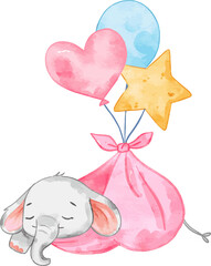 Cute baby elephant sleep inside the pink wrap with balloons. Watercolor element suited for baby room decoration, nursery, and baby shower project.