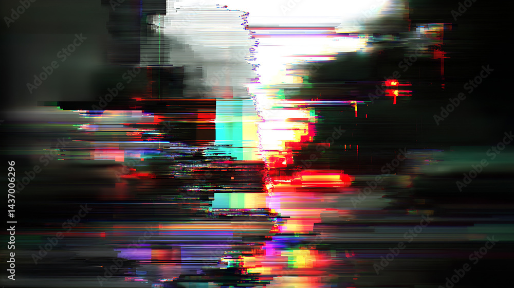 Poster abstract digital glitch image depicting vibrant color distortion with a blurred street view : genera