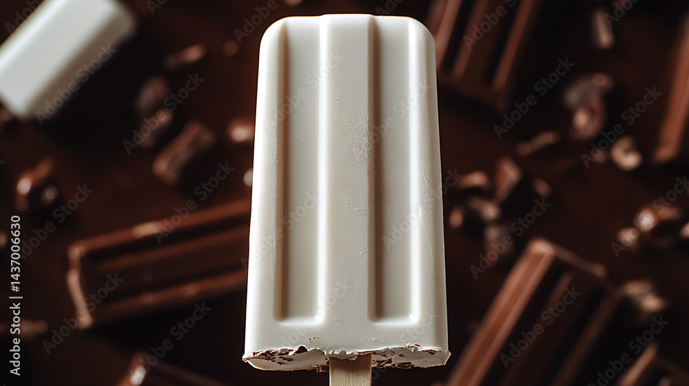 Poster creamy white popsicle on a stick set against a backdrop of chocolate bars and ingredients : generati