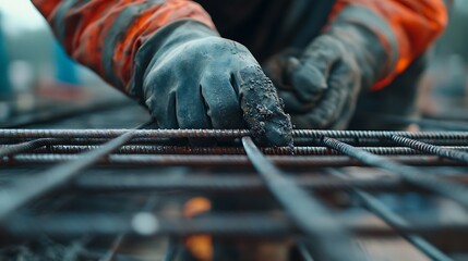 Construction Worker Handling Reinforcement Steel Bars