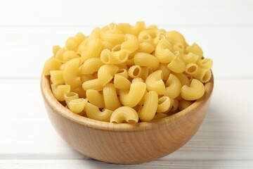 Raw horns pasta in bowl on white wooden table, closeup