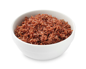 Tasty brown rice in bowl isolated on white