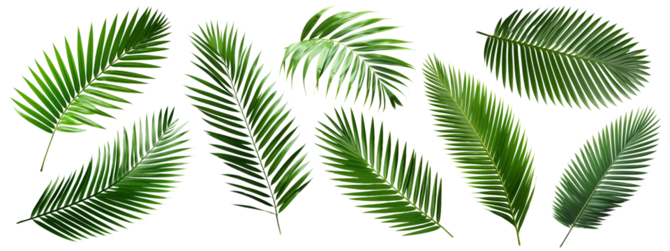PNG Tropical lush green palm leaves, elements on transparent background