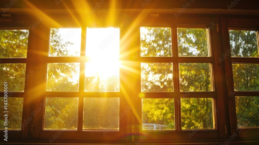 Poster a sunburst effect through the open windows of a house frame.