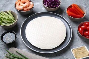 Rice paper sheets and different ingredients on light grey table, closeup