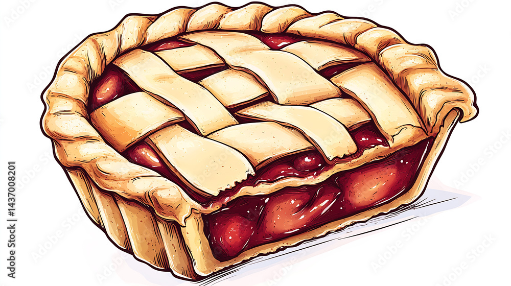 Poster delicious homemade cherry pie with a golden lattice crust presented on a white background highlighti