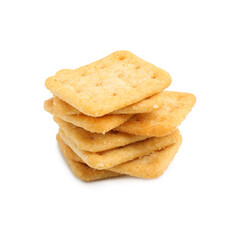 Stack of tasty salty crackers isolated on white