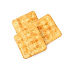 Tasty salty crackers isolated on white, top view