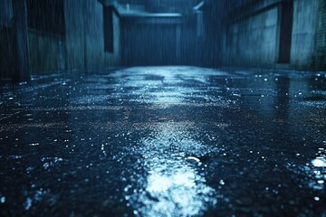 A dark, rainy alleyway is seen, with the wet pavement reflecting the light from nearby buildings above the alley.