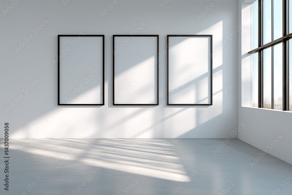 Leinwandbilder Minimalist Art Gallery Space with Empty Frames and Natural Light Streaming Through Large Windows : Generative AI