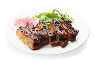Delicious pork ribs, arugula and onion isolated on white