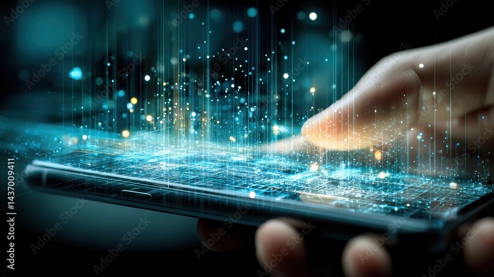 Poster Hand Interacts With Smartphone Displaying Holographic Interface in a Dark Environment Showcasing Digital Technology Innovation