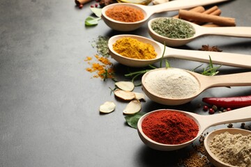 Many different spices in spoons on grey table, closeup. Space for text