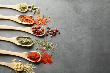 Many different spices in spoons on grey table, flat lay. Space for text
