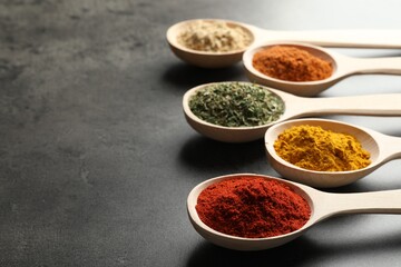Many different spices in spoons on grey table, closeup. Space for text