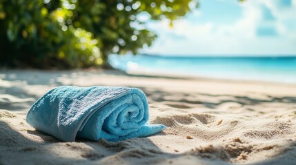 Rolled light blue beach towel on sandy beach.