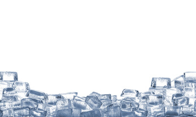 Pile of clear ice cubes on white background