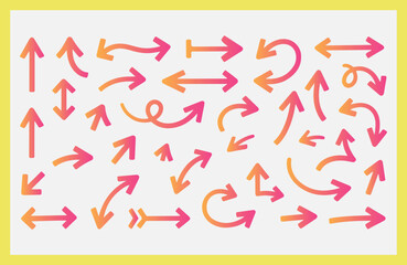A white background with a yellow border, containing a collection of gradient arrows in various directions and styles.