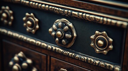 Close-up of ornate wooden furniture with decorative brass accents
