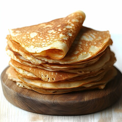 Stacked golden pancakes on wooden plate