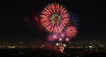 Fireworks display over city skyline