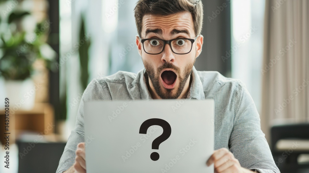 Poster a surprised employee reading an email with a question mark