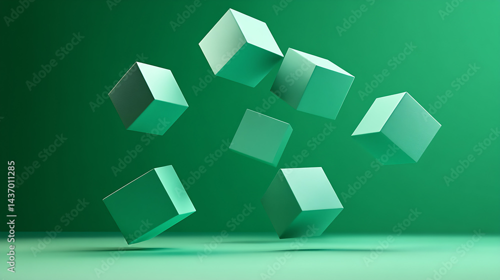 Poster Floating Green Cubes in a Minimalist Studio Setting Creating a Modern Artistic Vibe : Generative AI