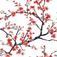 Delicate watercolor sakura blossoms branches seamless pattern