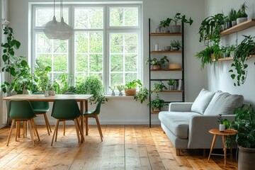Fototapeta premium Bright, airy living space filled with lush greenery.