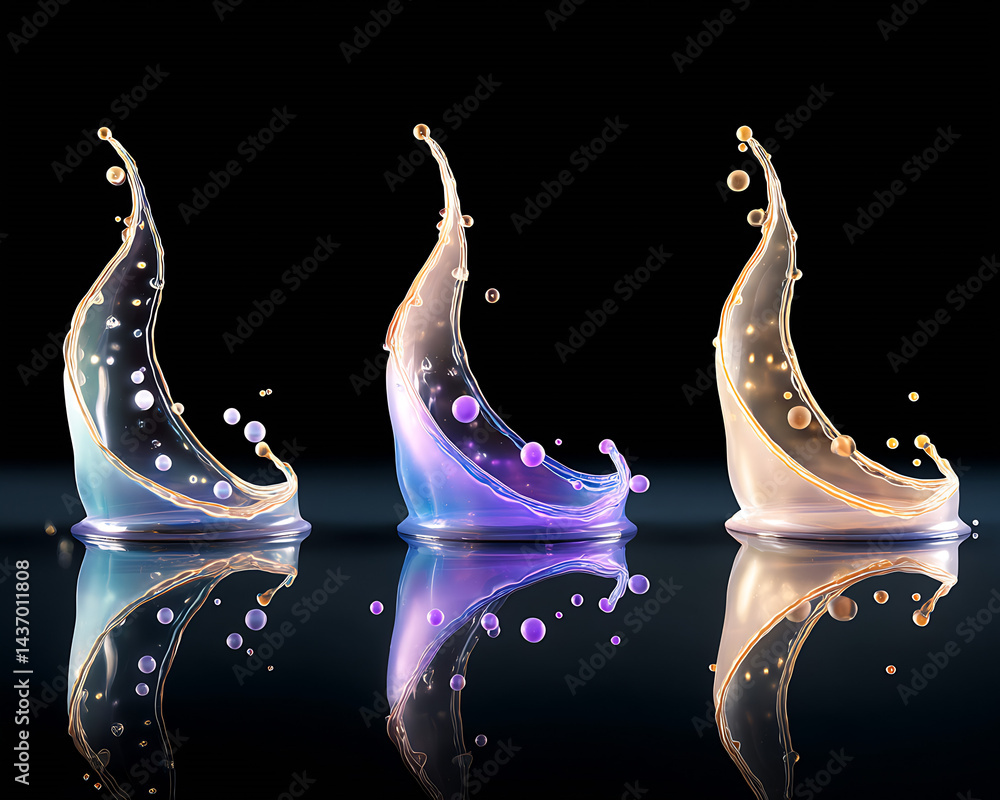 Fototapete Artistic Representation of Colorful Liquid Splashes Creating Dynamic Motion in a Dark Setting : Generative AI