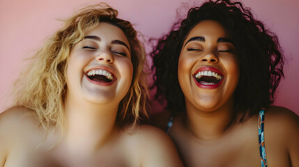 Fototapeta premium Two Young People Laughing Joyfully Against a Soft Pink Background