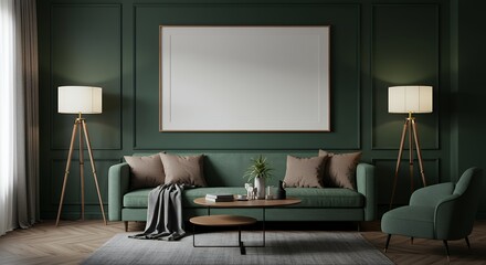 simulated visual frame dark green colored domestic interior upholstered seating item low table standing lamp contemporary classic interior rendered three dimensions template ready use unoccupied