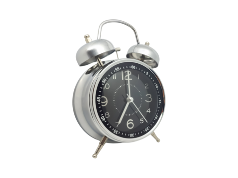 Analog Alarm Clock with Metal and Black Color, Displaying Time at 7 O'Clock. It Align Middle with Clean Transparent Background.