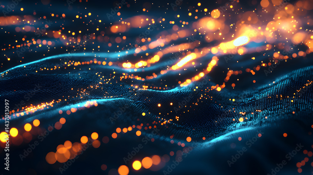 Poster flowing abstract data in digital particles virtual space animation futuristic environment dynamic vi
