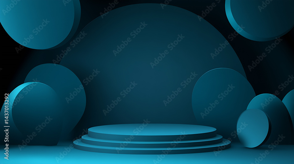 Fototapete Minimalist blue stage backdrop with circular shapes creating a modern artistic atmosphere : Generative AI
