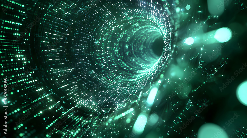 Poster animating glowing digital particles virtual space abstract visualization dynamic environment immersi