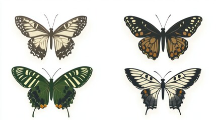Obraz premium Four diverse butterflies, isolated, white background, nature illustration, design element