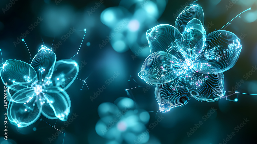 Poster exploring abstract synthetic intelligence virtual realm digital art ethereal environment futuristic 