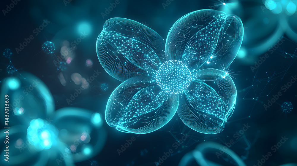 Poster exploring abstract synthetic intelligence in floating digital art virtual space visual representatio