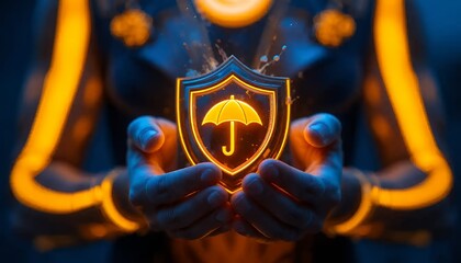 Holding Shield with Umbrella Glowing Protection Concept