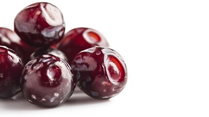 Closeup of Shiny Dark Red Cherries on White Background