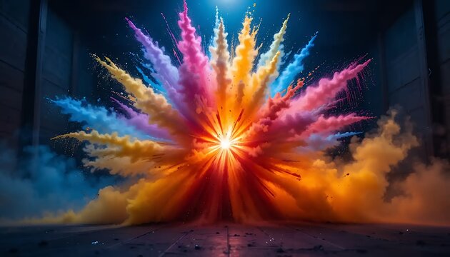 Colorful Powder Explosion with Central Light Burst on Dark Background