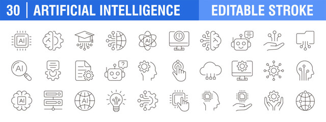 Collection of artificial intelligence icons. Robot, command, technology, smart. Vector design template, signs, symbols, editable stroke.