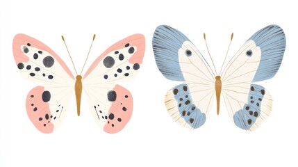 Two pastel butterflies, isolated on white background, for design
