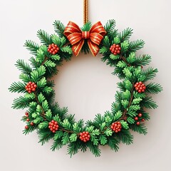 Green pine wreath square pixel art cartoon design on plain white background illustration