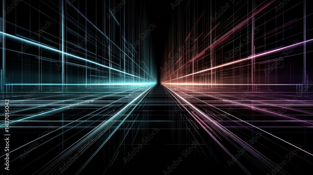 Leinwandbilder Futuristic Digital Grid With Neon Lines Vanishing Towards a Central Point Creating a Captivating Perspective in a Modern Setting