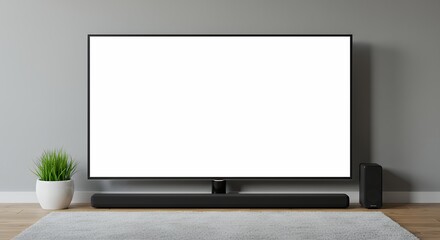 unwritten pale colored intelligent electronic display screen grey colored bright simulated visual frontal view unpopulated luminous electronic display common living space simulated visual clear